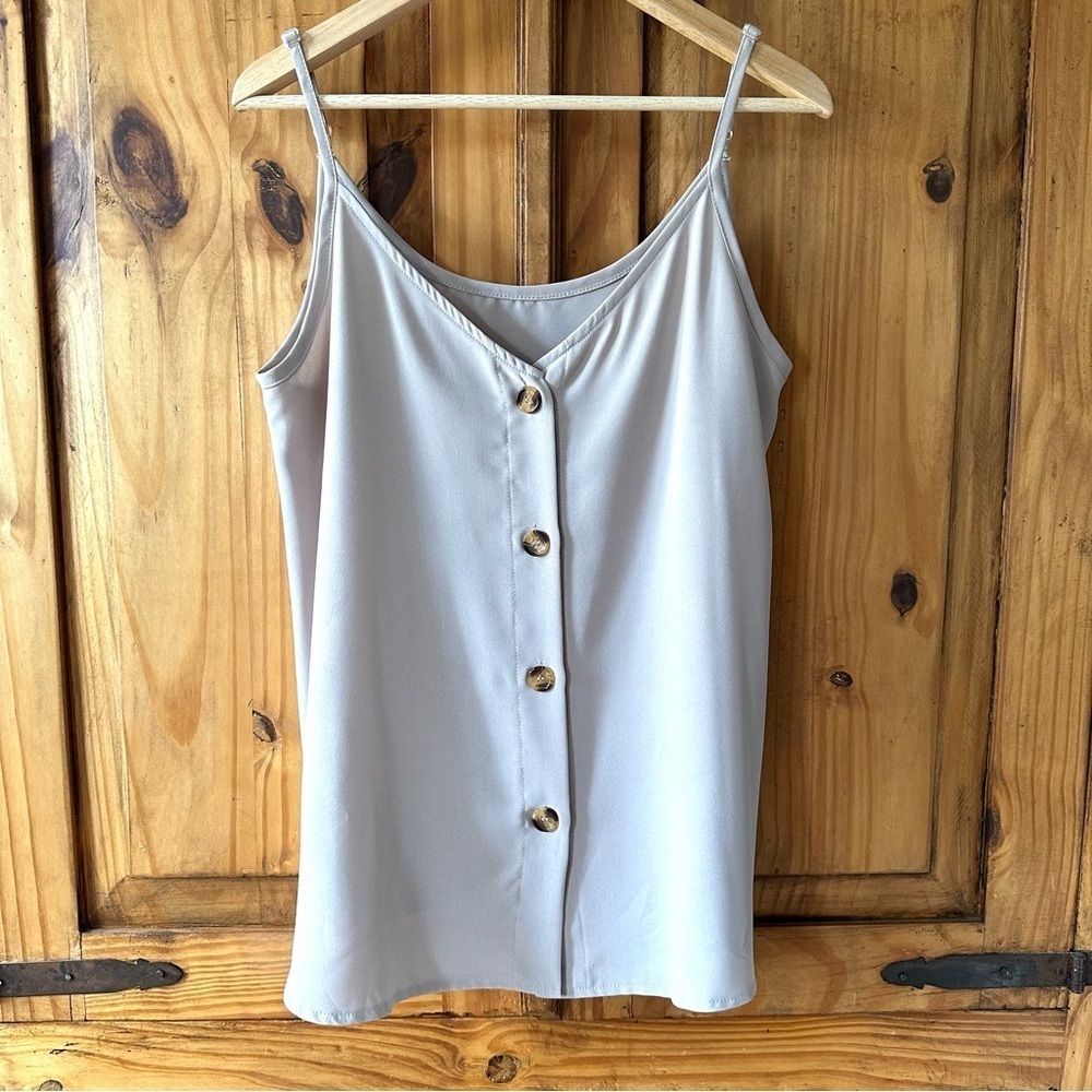 A-Line Taupe Button Up Tank Top V Neck Thin Straps - Large